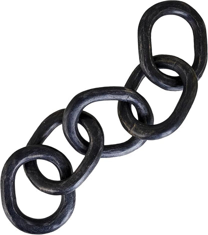 Wood Chain Link Decor Hand Carved 5-Link Wood Knot Decorative Chain, Rustic Link Decorative Object Large Wooden Chain for Home Living Room Coffee Table Farmhouse BLK 16 x 4 x 2