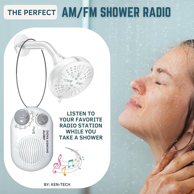 Shower Radio - Includes Carrying or Hanging Strap. Portable Design Perfect for Bathroom, Kitchen, and Outdoor. Built in Speaker, Battery Operated Radio