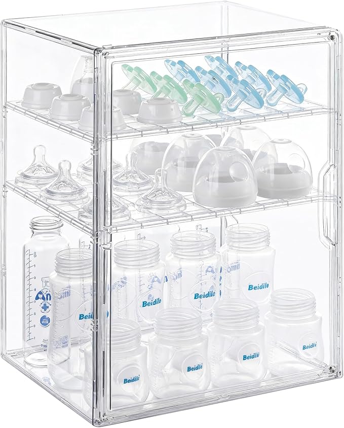 Baby Bottle Organizer – 3-Tier Bottle Storage Organizer Baby for Bottles, Nipples, Pump Parts, Food Jars – Clear Nursery Cabinet for Countertop and Kitchen