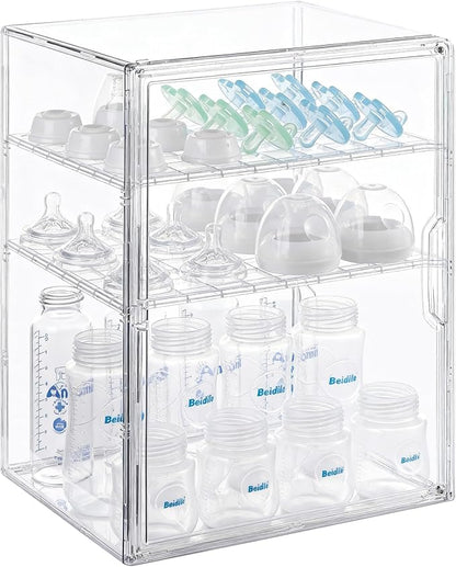 Baby Bottle Organizer – 3-Tier Bottle Storage Organizer Baby for Bottles, Nipples, Pump Parts, Food Jars – Clear Nursery Cabinet for Countertop and Kitchen