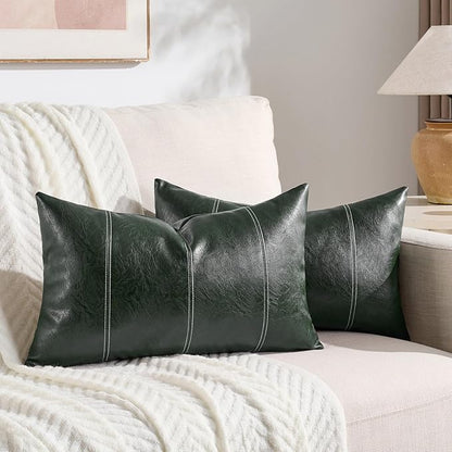 Fancy Homi 2 Packs Dark Green Long Lumbar Faux Leather Decorative Throw Pillow Covers 14x24 Inch for Couch Bed, Modern Farmhouse Boho Home Decor, Olive Green Hand Stitched Cushion Case 35x60 cm
