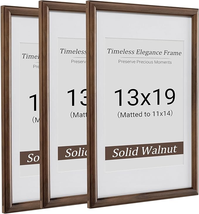 Heimlove 13x19 Picture Frame,13 x 19 Natural Solid Walnut Wood Frame Matted to 11x14 with Tempered Glass,13"x19" Handcrafted wood Poster Frame,Vertical or Horizontal Wall Hanging Display,3 Pack