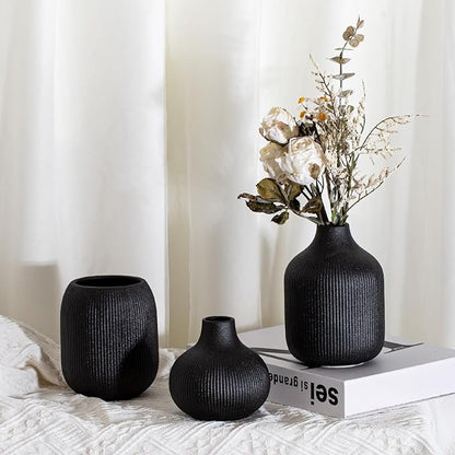 Dnnnii Modern Black Ceramic Vase Set of 3, Ribbed Texture Boho Minimalist Home Decor, Small Decorative Vases for Centerpiece, Shelf, Tabletop - Aesthetic Touch for Neutral & Transitional Spaces