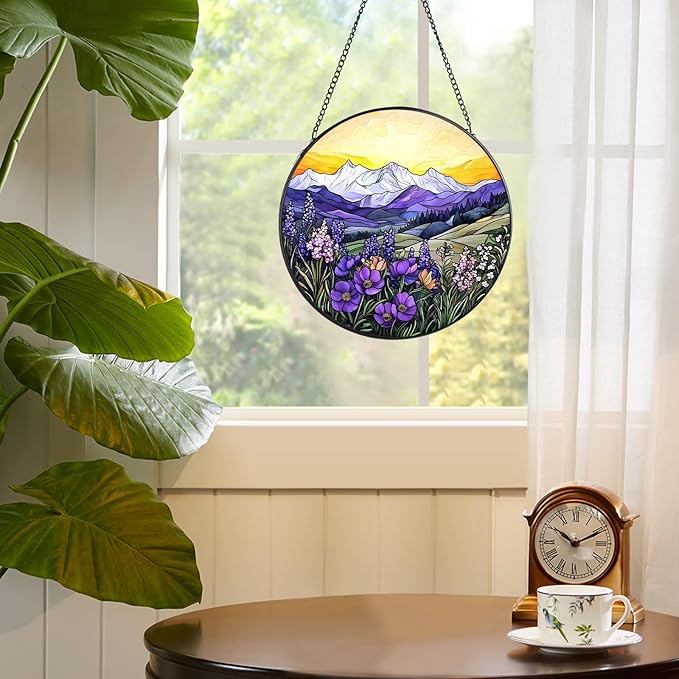 Valley Stained Glass Window Hanging, 7.8" Round Sun Catcher Hand Painted Wall Art Decor with Chain, Unique Housewarming Gifts for Couples, Home