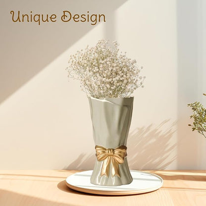 Green Bow Vase for Home Decor, 9.3 Inch Avocado Color for Boho Style, Sage Large Green Flower Vase for Ideal Shelf Decor/Table/Living Room. ﻿