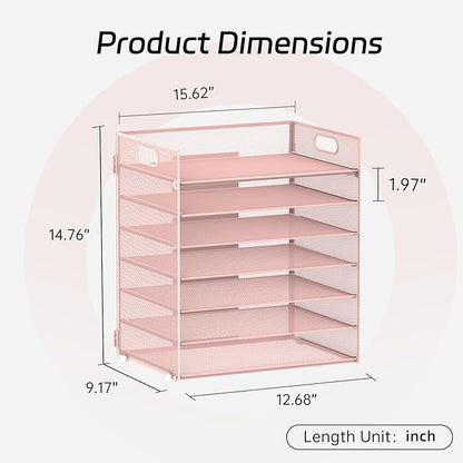 7 Tier Paper Organizer - Mesh Desktop File Holder with Handles for Office School Desk, Black (Pink)