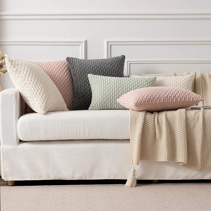 Kevin Textile 14x22 Inch Pillow Cover 1 Pack Boho Decorative Soft Striped Corduroy Lumbar Farmhouse Solid Color Accent Rectangle Cushion Case for Living Room Couch Sofa Bed, Cream White