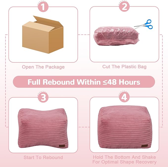MeMoreCool Square Stuffed Pouf Ottoman Foot Rest, Stripe Furry Floor Pouf Foot Stool with Foam Chunk Filling, Soft Fluffy Stuffed Ottoman Footrest for Living Room, Corduroy Pink