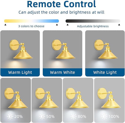 Gold Battery Operated Wall Sconce Set of 2,Vintage Wireless Wall Sconces with Remote,Dimmable Led Wall Lights,Wall Lamp Fixture Indoor Bedroom Living Room Kitchen,LED Bulbs Included