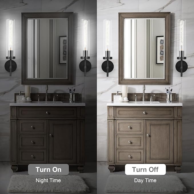 Black Wall Sconces Set of Two with White Light, 19.48'' Brushed Brass Knurled Bathroom Sconces Wall Lighting Vanity Light with Clear Glass for Living Room Mirror Bedroom Stairs