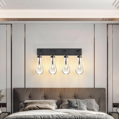 Raindrop Wall Sconces Black Crystal Sconces Wall Decor Modern Lighting Glass Bathroom Sconces Indoor Vanity Light Wall Lamp for Bedroom Living Room Stair(4-Light)