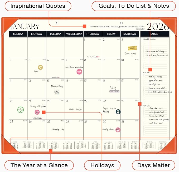 Ospelelf Large Desk Calendar 2026-2027 with PU Leather Pad, 18 Months Planner Pad from January 2026 - June 2027, 22" x 17" Wall Calendar with Protective Cover for Home or Office, Orange