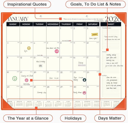 Ospelelf Large Desk Calendar 2026-2027 with PU Leather Pad, 18 Months Planner Pad from January 2026 - June 2027, 22" x 17" Wall Calendar with Protective Cover for Home or Office, Orange