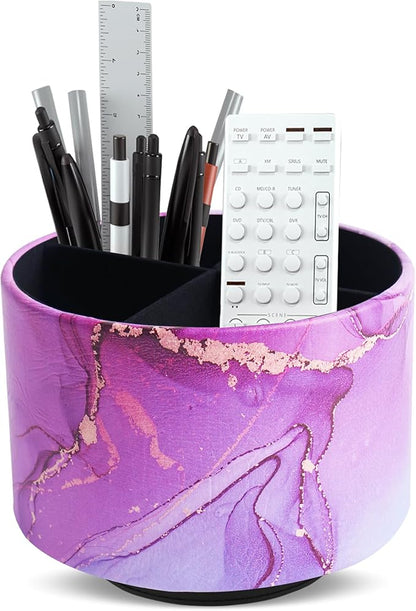 Round Leather Art Supply Organizer,Remote Control Holder,360-degree Rotating Pen Organizer with 4 Compartments(1-Purple Blue Splash Ink)