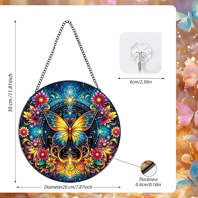 Rngmsi Stained Glass Window Hanging, 7.8″ Butterfly Flower Sun Catchers with Hook Indoor Window Decor, Decorative Suncatchers Hanging Ornaments Home Garden Art Gift for Housewarming
