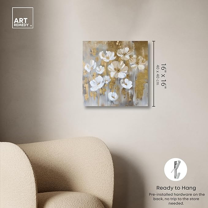 Art Remedy Golden Daisies Canvas Elegant White Gold Wall Art, Gallery Wrapped, 16" x 16"