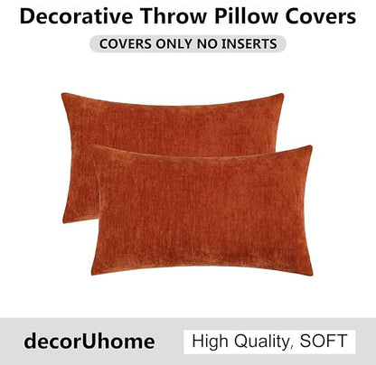 decorUhome Chenille Rust Throw Pillow Covers 12x20 Inch Set of 2, Decorative Soft Couch Pillow Covers Solid Dyed Accent Farmhouse Neutral Rectangle Pillow Cases for Sofa