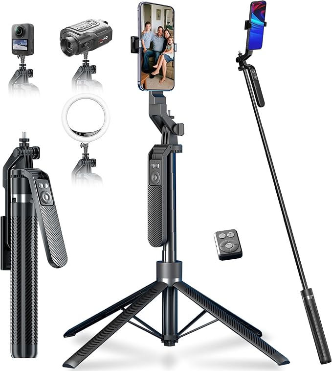 70" Tripod for Phone, Portable All in One Extendable Cell Phone Tripod Stand, Tall Travel Tripods for Recording Video Selfies Photo, with Wireless Remote Control for iPhone、Samsung、Android