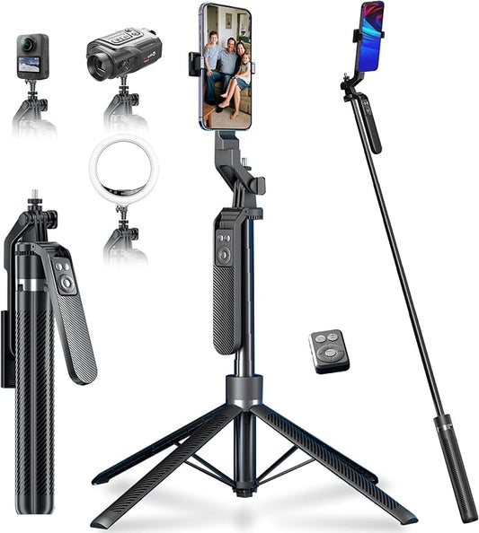 70" Tripod for Phone, Portable All in One Extendable Cell Phone Tripod Stand, Tall Travel Tripods for Recording Video Selfies Photo, with Wireless Remote Control for iPhone、Samsung、Android