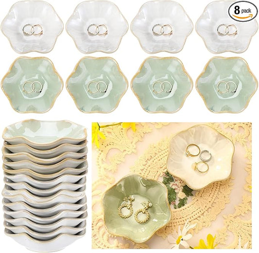 8 Pcs Ceramic Trinket Dish Lotus Leaf Jewelry Tray Small Ring Dish for Earrings, Rings, Jewelry Holder, Key Bowl(White,Green)