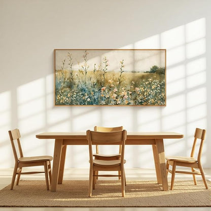 HLNIUC Vintage Watercolor Wildflower Landscape Horizontal Wall Art Framed, Large Retro Floral Wall Decor(20x40), Nature Wilderness Farmhouse Rustic Field Canva Painting for Living Room,Bedroom, Office