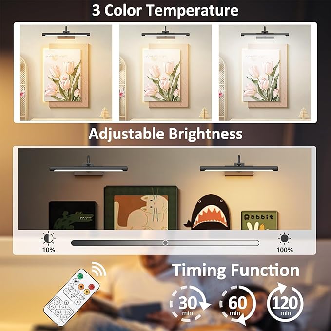 Aipsun 15.7" Black Picture Lights for Wall Rechargeable,10000mAh Battery Operated Art Light for Paintings,3CCT Dimmable, Rotatable Gallery Light for Pictures Display