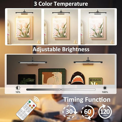Aipsun 15.7" Black Picture Lights for Wall Rechargeable,10000mAh Battery Operated Art Light for Paintings,3CCT Dimmable, Rotatable Gallery Light for Pictures Display