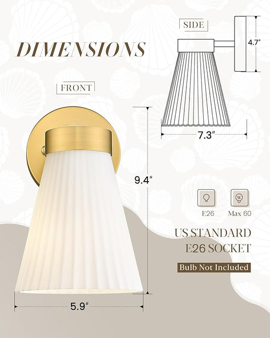 Gold Wall Sconces Set of Two, HWH Modern Bathroom Vanity Sconce Wall Lighting Indoor Wall Lamp with Frosted White Striped Glass, 5HZG97B-2PK BG