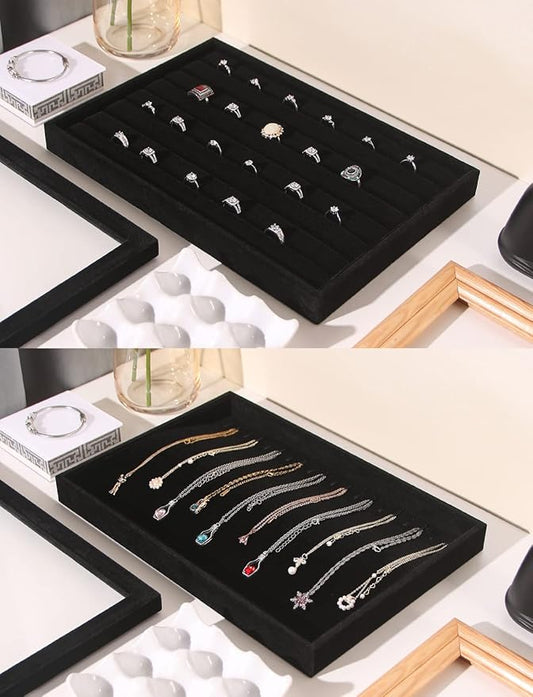 Coward Set of 5 Stackable Jewelry Organizer Tray Necklace Earring Box Storage Ring Bracelet Display Holder (Black(ring+necklace+earring+12grid))