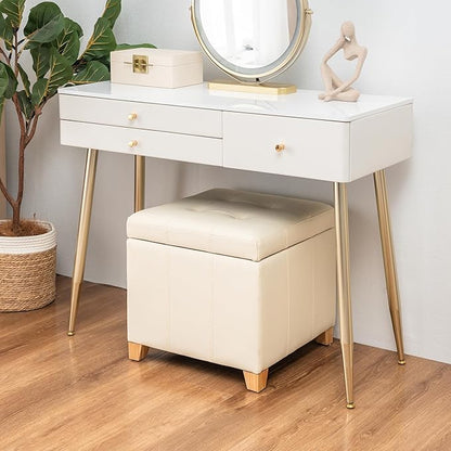 Adeco Faux Leather Storage Ottoman with Hinged Lid, 16 Inch High Light Yellow Ivory Square Cube Foot Stool with Storage, Upholstered Vanity Stool with Solid Wood Legs for Living Room, Bedroom