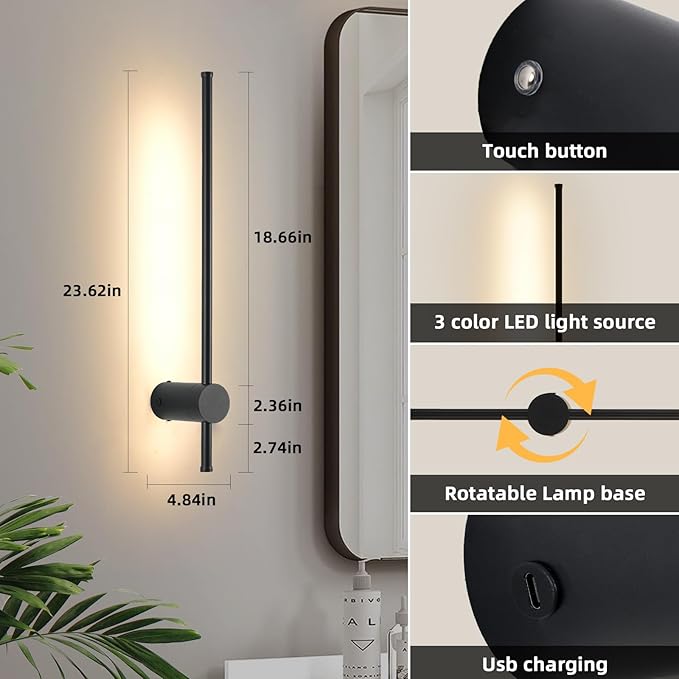 LED Wireless Wall Sconce with Remote Control, Dimmable/350° Rotate/Timing/USB Rechargeable Battery Powered Indoor Wall Lamps, 23.6 inch Black Wall Lights Set of Two for Hallway, Living Room, Bedroom