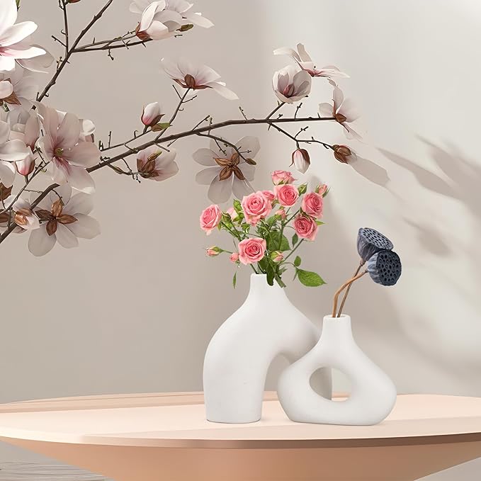 White Ceramic Vase Set of 2 - Minimalist Nordic Style, Matte Donut Vases for Pampas Grass, Ceramic Hollow Donut Vase Decor, Flower Vases for Living Room Wedding Coffee Table Bookshelf Office Decor