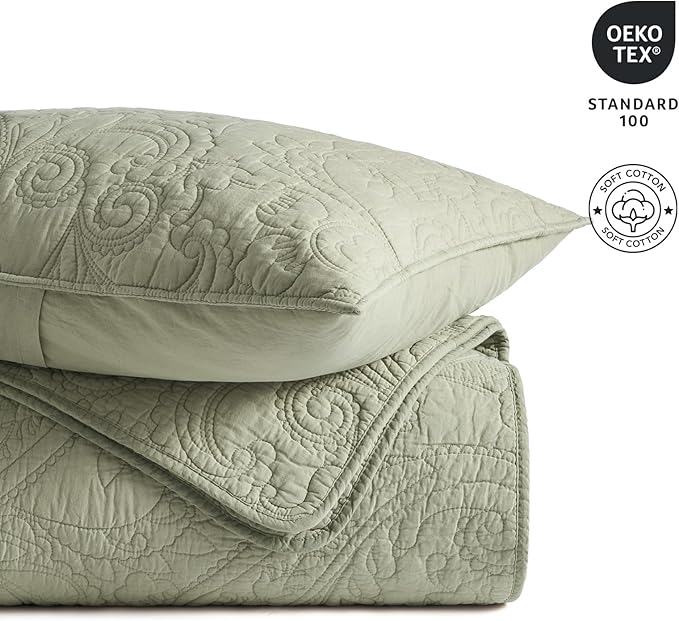 EVERGRACE 100% Cotton Paisley Quilt Set, Queen Size 3 Piece Set – Prewashed Lightweight Bedspread with 2 Shams, Soft & Breathable Matelasse Coverlet for All-Season Comfort, Light Sage Green