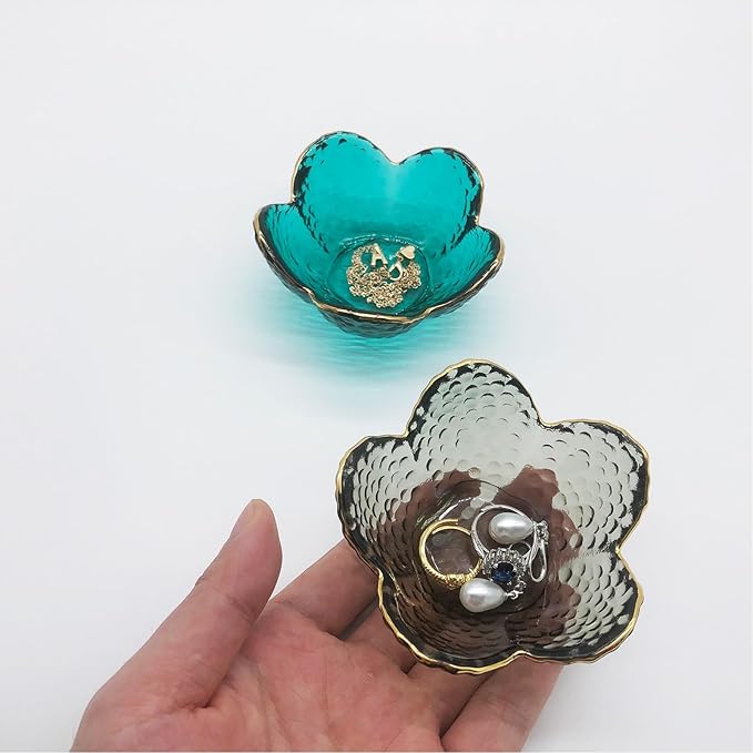 Flower Ring Dish Jewelry Tray, Glass Jewelry Dish Tray, Aesthetic Room Decor Small Trinket Dish, Nightstand Jewlery Ring Holder Dish, Bathroom Jewelry Plate Bowl for Rings Earrings Wife Gift
