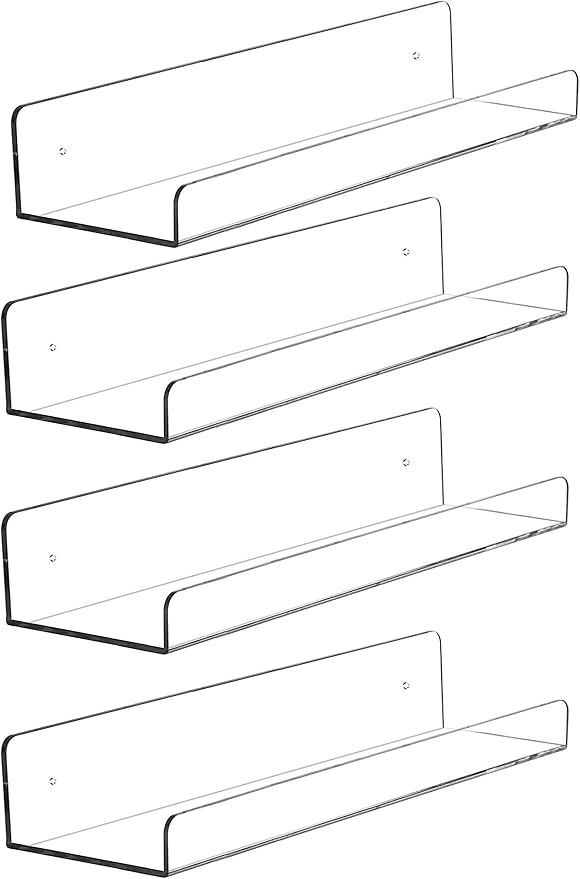 4 Pcak Clear Acrylic Shelves for Bedroom,Room,15 Inch Bathroom Wall Shelf & Organizer,Invisible Floating Shelves & Wall Storage for Collectibles Perfume Shelf,Record,Funko Pop,Lego Display,Bookshelf