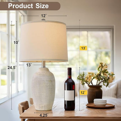 24 inch Vintage Ceramic Table Lamp - Single Farmhouse Rustic Bedside Lamp with Natural Textured Finish, Nightstand Lamps for Living Room, Bedroom, End Table Beige