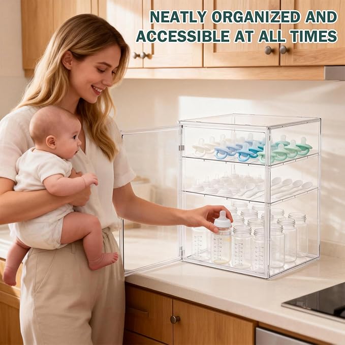 Baby Bottle Organizer, 3 Tiers Acrylic Bottle Storage Organizer Container, Clear Plastic Bottle Station Organizer with 2 Adjustable Dividers for Kitchen Countertop, Bathroom, Cabinet, Vanity