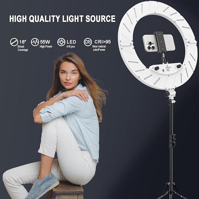 Ring Light Kit:18"/45cm Outer 55W6700k Dimmable LED Light, Tripod Stand, Remote Controller,Box for Camera,Smartphone,YouTube,TikTok,Self-Portrait Shooting,CRI95,White