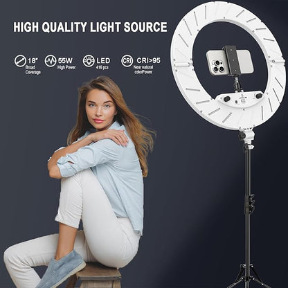 Ring Light Kit:18"/45cm Outer 55W6700k Dimmable LED Light, Tripod Stand, Remote Controller,Box for Camera,Smartphone,YouTube,TikTok,Self-Portrait Shooting,CRI95,White