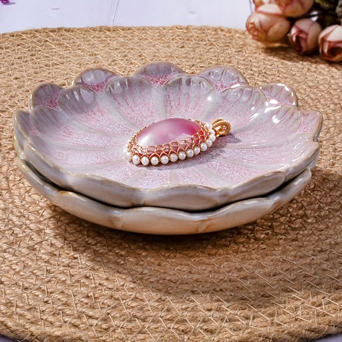 Ceramic Ring Dish Holder Jewelry Tray Trinket Tray Vintage Lotus Shaped Small Decorative Jewelry Dish for Dressing Tables Earring Organizer (White and Pink)