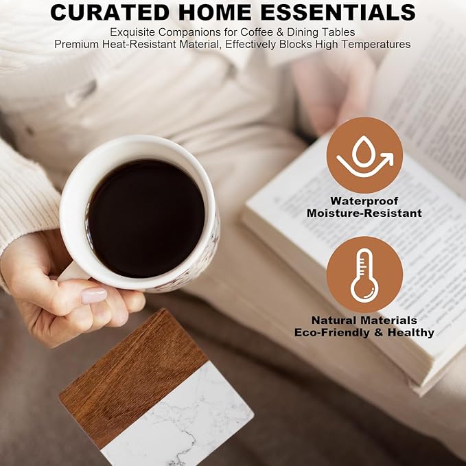 Marble Coasters: 4-Piece Set of Acacia Wood Marble Coasters, Suitable for Kitchens, Offices, and can be Used as Gifts