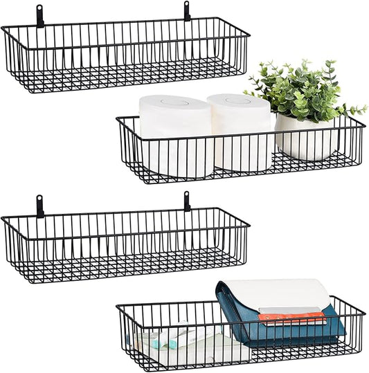 Wetheny Farmhouse Décor Metal Wire Organizer Storage Basket Bin(4 Pack)-Toilet Paper Storage-Organization and Storage for Bedroom, Bathroom, Kitchen Cabinets, Pantry, Laundry Room, Garage (Black)