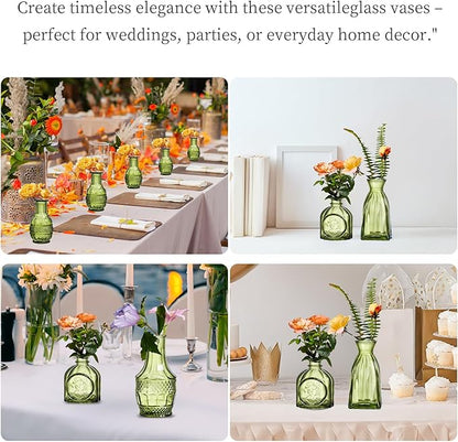 Glass Bud Vases Set of 16 - Green Assorted Small Mini Glass Vases for Flowers, Crystal Vintage Vase Set, Bulk Centerpieces for Table Décor, Wedding, Home and Events (Green, 16 Pcs)