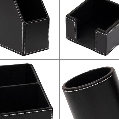 6 Piece Office Supplies/Desk Organizer Set with Desktop Leather Writing Pad,File Paper Tray,Magazine folder Holder, Pen Cup,Sticky Note Holder,Letter Mail Sorter,Workspace Decor for Women Men Black