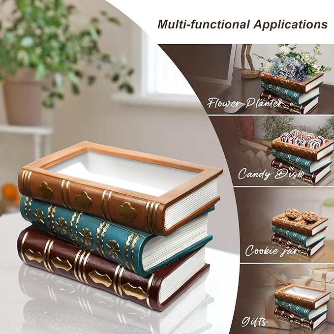 Book Flower Vase Stacked Books Shaped Flower Pot Book Planter Candy Bowl Snack Storage Box Trinket Candy Dish Vintage Home Decor Gifts for Book Lovers