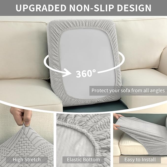 Easy-Going Waterproof Couch Cushion Covers for Couches and Sofas, Stretch Jacquard Sofa Seat Cover Replacement for Dogs, Pets&Kids, Durable Furniture Protector for Oversized Sofa Cushions, Light Gray