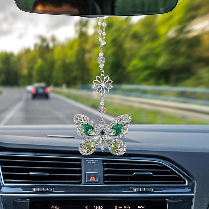 Green Crystal Butterfly Car Charm - Rear View Mirror Hanging Ornament, Sun Catcher Window Pendant for Car Interior Decoration, Christmas Birthday Gifts for Mom Aunt Women