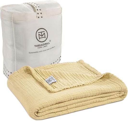 Threadmill Muslin Throw Blanket | 4 Layer 100% Cotton Gauze | Lightweight, Breathable, and Soft All Season Blanket | 50 x 65 Cozy Throw for Sofa, Couch & Bed | Beige