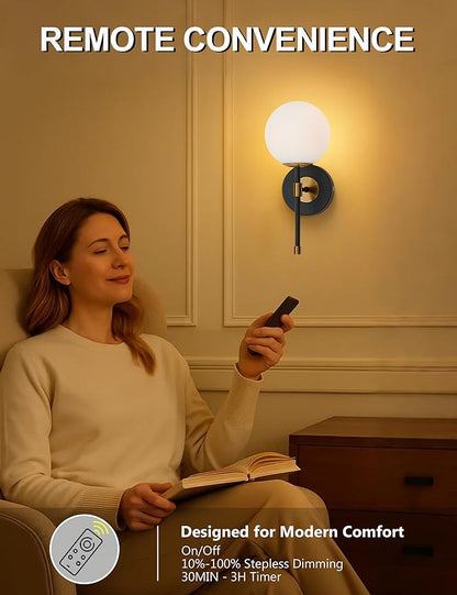 Battery Operated Globe Wall Sconces Set of 2, Black & Gold Wireless Wall Lights with Remote Control, Rechargeable 3 Color Stepless Dimming Modern Wall Decor Lamp for Bedroom Living Room Hallway