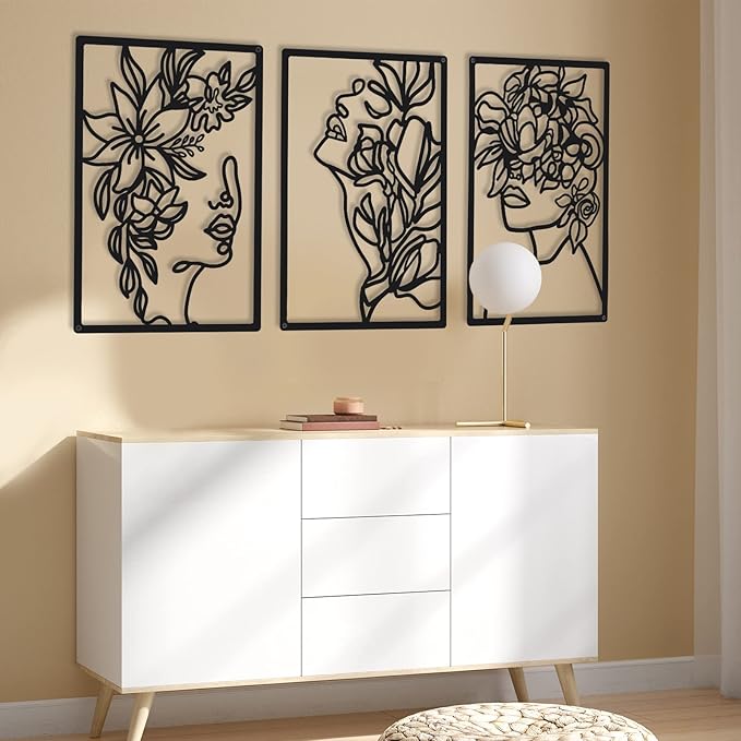 CHENGU 3 Pieces Metal Minimalist Abstract Woman Wall Art Line Drawing Wall Art Decor Single Line Female Home Hanging for Kitchen Bathroom Living Room